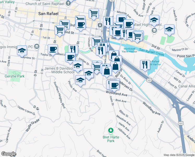 map of restaurants, bars, coffee shops, grocery stores, and more near 123 Jordan Street in San Rafael