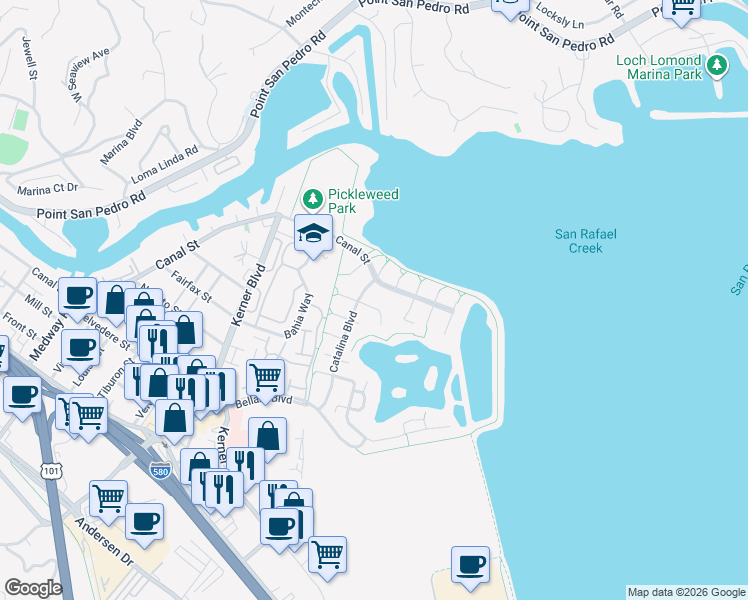 map of restaurants, bars, coffee shops, grocery stores, and more near 102 Catalina Boulevard in San Rafael