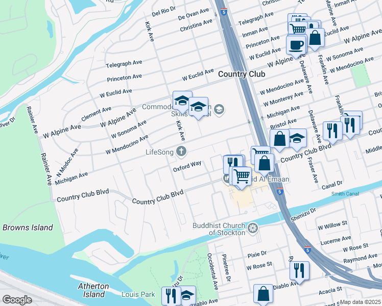 map of restaurants, bars, coffee shops, grocery stores, and more near 2970 Bristol Avenue in Stockton