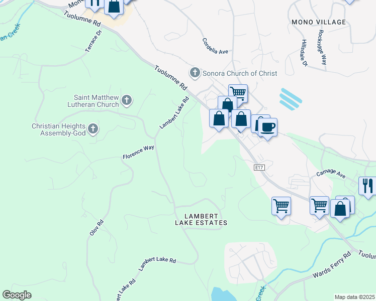 map of restaurants, bars, coffee shops, grocery stores, and more near 18861 Rugged Trail in Sonora