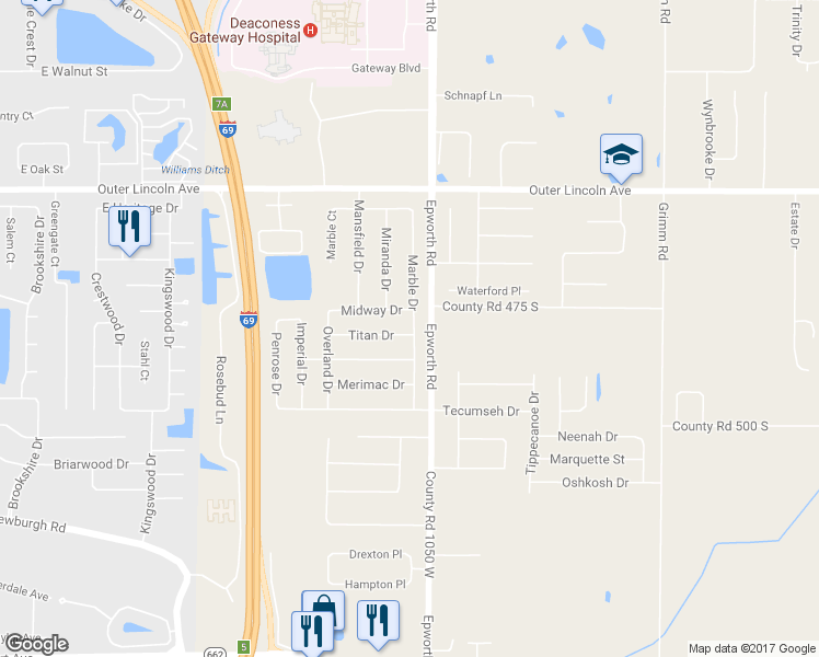 map of restaurants, bars, coffee shops, grocery stores, and more near 10542 Titan Drive in Newburgh