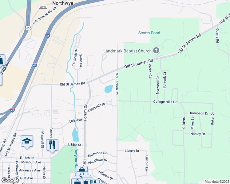 map of restaurants, bars, coffee shops, grocery stores, and more near 1351 California Drive in Rolla