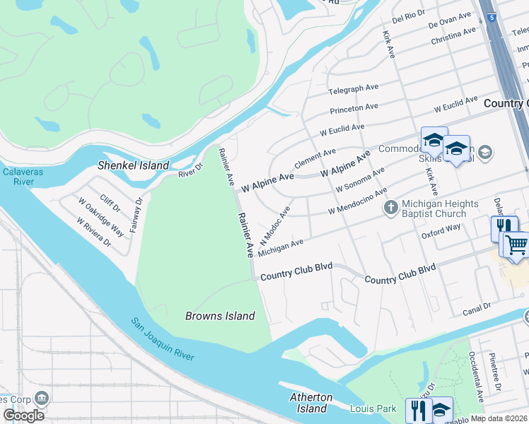 map of restaurants, bars, coffee shops, grocery stores, and more near 3632 Wendell Avenue in Stockton