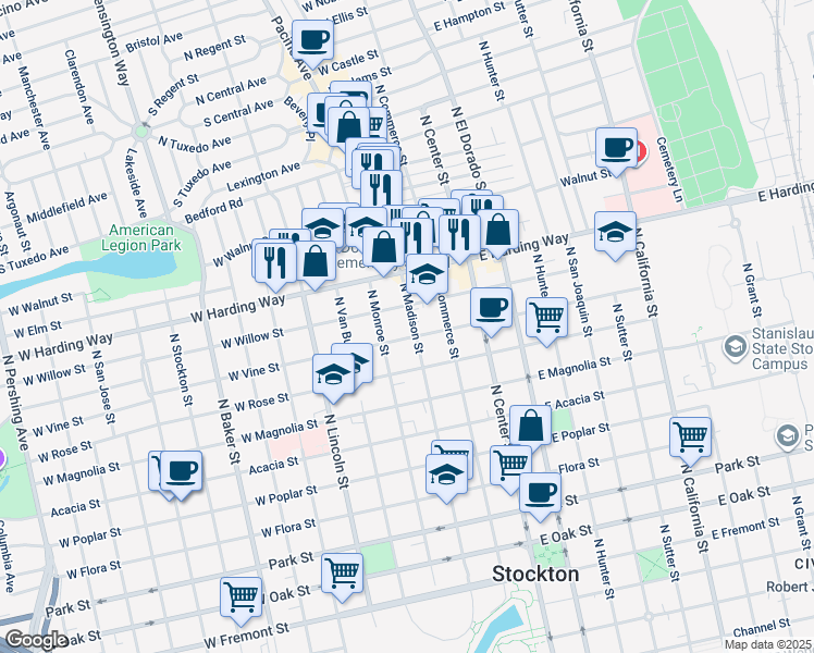 map of restaurants, bars, coffee shops, grocery stores, and more near 1319 North Madison Street in Stockton