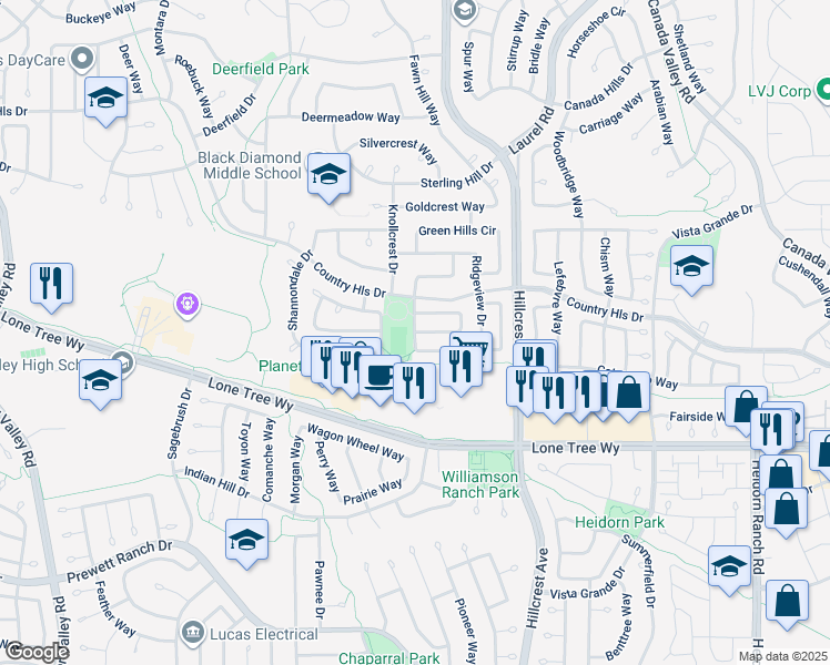 map of restaurants, bars, coffee shops, grocery stores, and more near 5085 Valley Way in Antioch