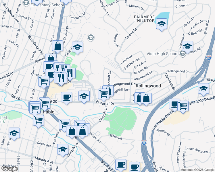 map of restaurants, bars, coffee shops, grocery stores, and more near 2737 Rollingwood Drive in San Pablo