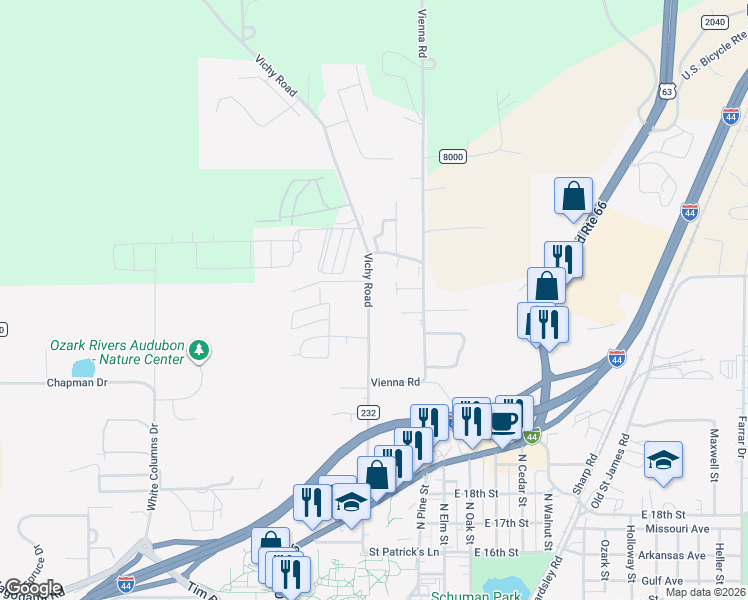 map of restaurants, bars, coffee shops, grocery stores, and more near 2232 Vichy Road in Rolla