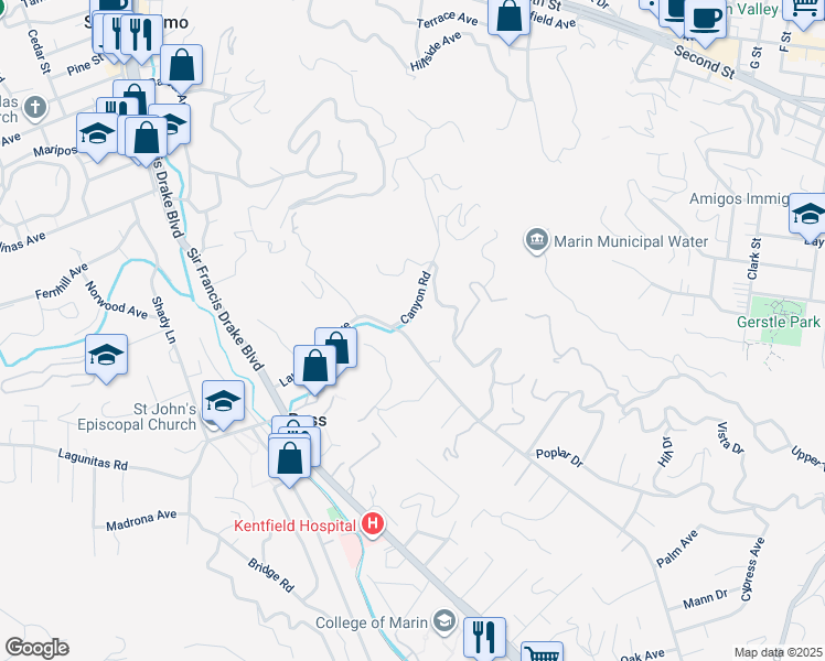 map of restaurants, bars, coffee shops, grocery stores, and more near 81 Laurel Grove Avenue in Ross
