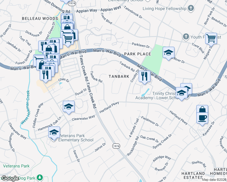 map of restaurants, bars, coffee shops, grocery stores, and more near 4144 Heartwood Road in Lexington