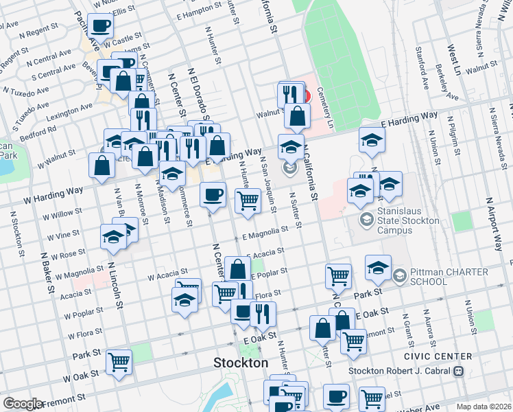 map of restaurants, bars, coffee shops, grocery stores, and more near 1202 North Hunter Street in Stockton