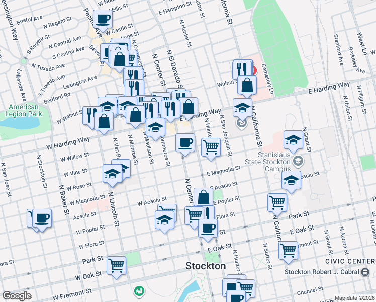 map of restaurants, bars, coffee shops, grocery stores, and more near 1239a North Center Street in Stockton