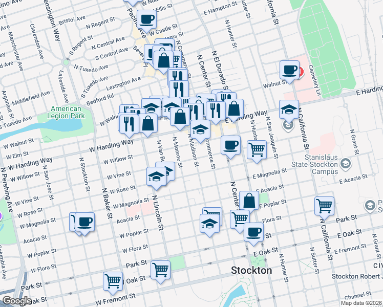 map of restaurants, bars, coffee shops, grocery stores, and more near 1319 North Madison Street in Stockton