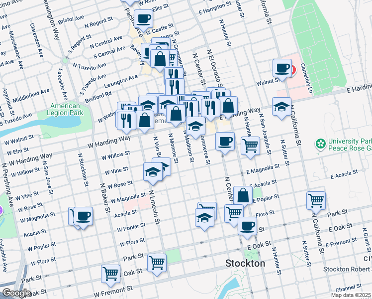 map of restaurants, bars, coffee shops, grocery stores, and more near 1319 North Madison Street in Stockton