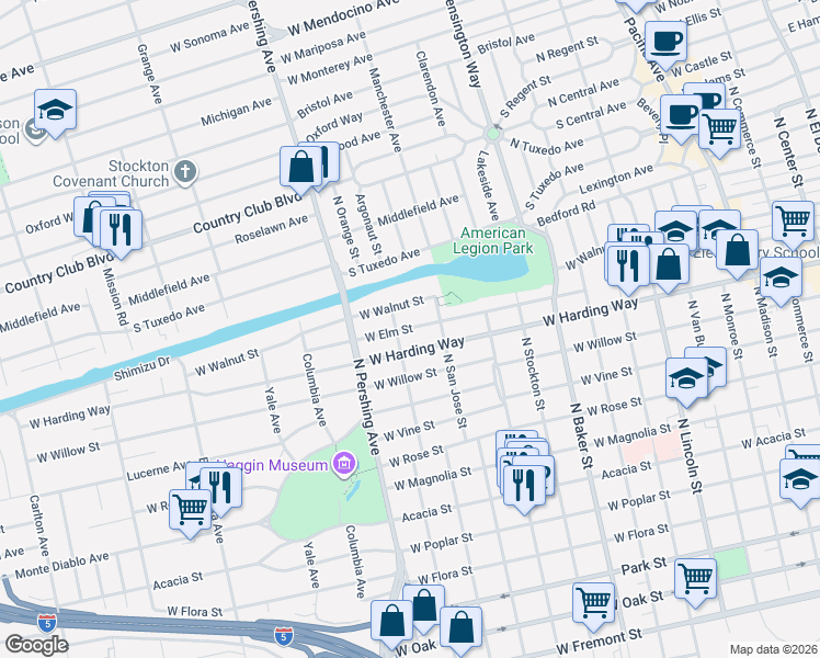 map of restaurants, bars, coffee shops, grocery stores, and more near 1144 West Elm Street in Stockton