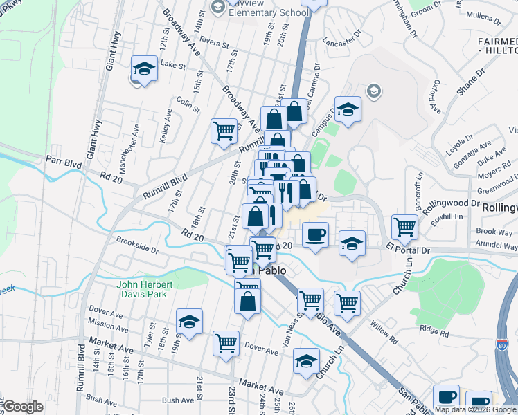 map of restaurants, bars, coffee shops, grocery stores, and more near 2422 22nd Street in San Pablo