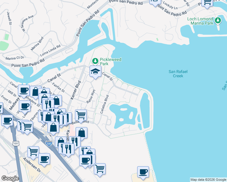 map of restaurants, bars, coffee shops, grocery stores, and more near 102 Catalina Boulevard in San Rafael