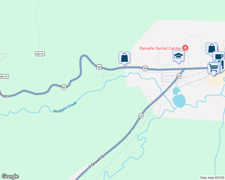 map of restaurants, bars, coffee shops, grocery stores, and more near 290 Greenbrier Hills Drive in Rainelle