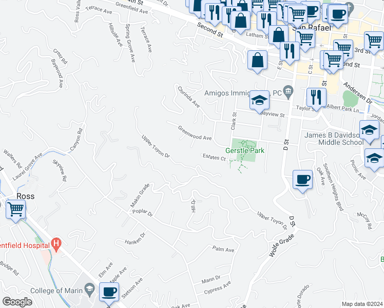 map of restaurants, bars, coffee shops, grocery stores, and more near 21 Redwood Drive in San Rafael