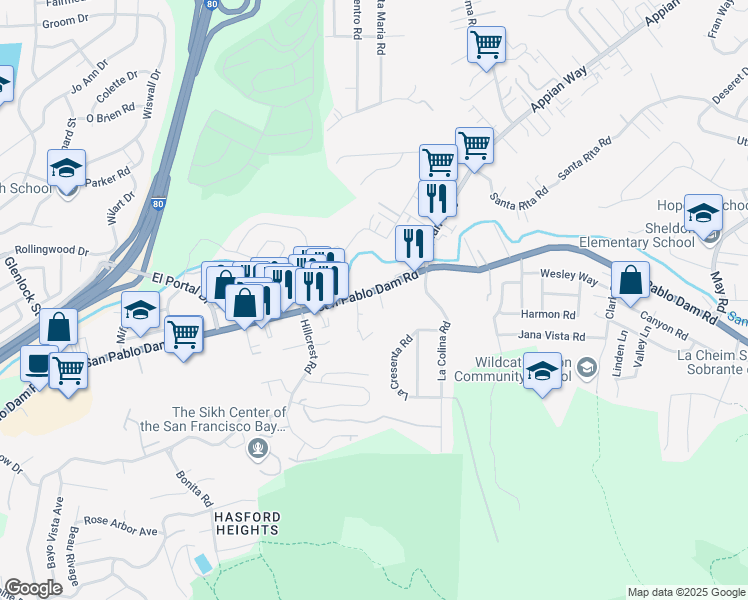 map of restaurants, bars, coffee shops, grocery stores, and more near 3980 San Pablo Dam Road in El Sobrante