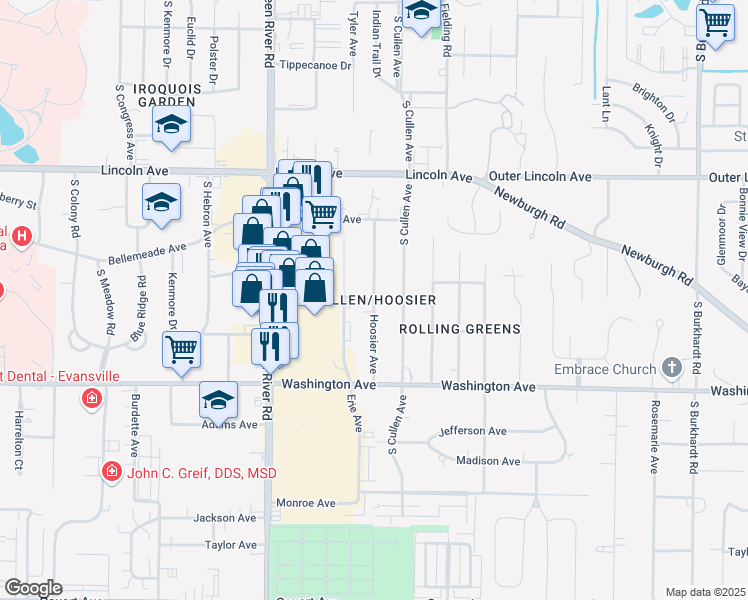 map of restaurants, bars, coffee shops, grocery stores, and more near 829 Hoosier Avenue in Evansville