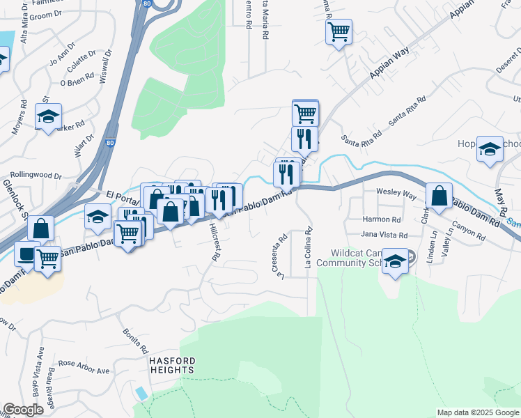 map of restaurants, bars, coffee shops, grocery stores, and more near 3980 San Pablo Dam Road in El Sobrante