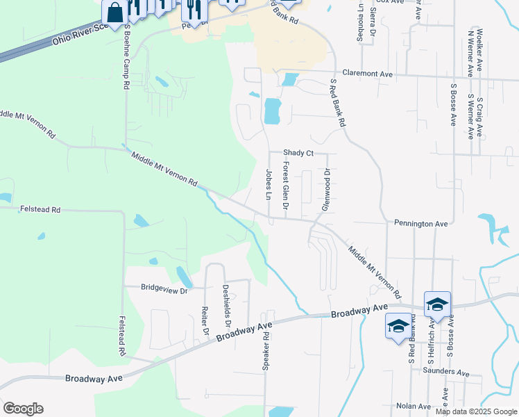 map of restaurants, bars, coffee shops, grocery stores, and more near 5125 Middle Mount Vernon Road in Evansville