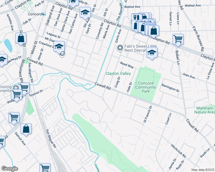 map of restaurants, bars, coffee shops, grocery stores, and more near 3333 Cowell Road in Concord
