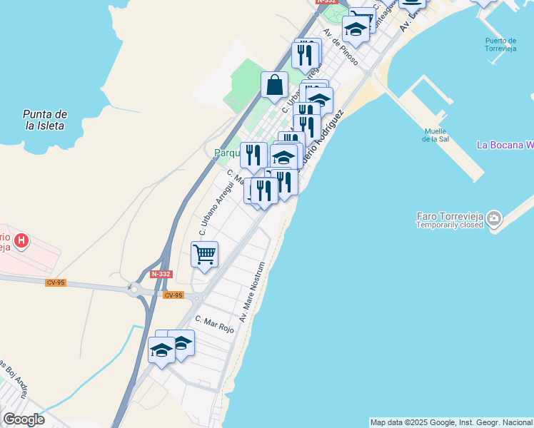 map of restaurants, bars, coffee shops, grocery stores, and more near 37A Avenida Desiderio Rodríguez in Torrevieja