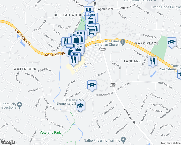 map of restaurants, bars, coffee shops, grocery stores, and more near 4318 Chas Circle in Lexington