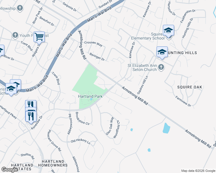 map of restaurants, bars, coffee shops, grocery stores, and more near 3608 Boxlea Way in Lexington
