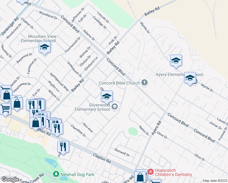 map of restaurants, bars, coffee shops, grocery stores, and more near 1721 Berrywood Drive in Concord