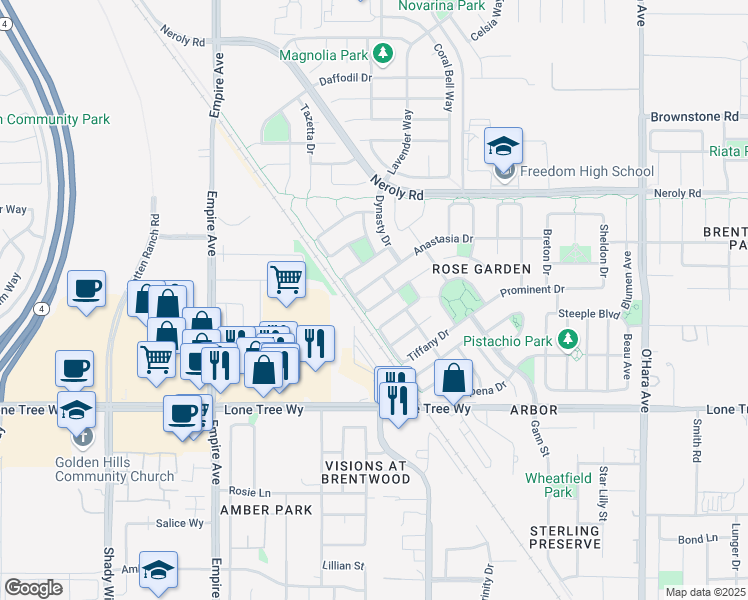 map of restaurants, bars, coffee shops, grocery stores, and more near 1643 Marina Way in Brentwood