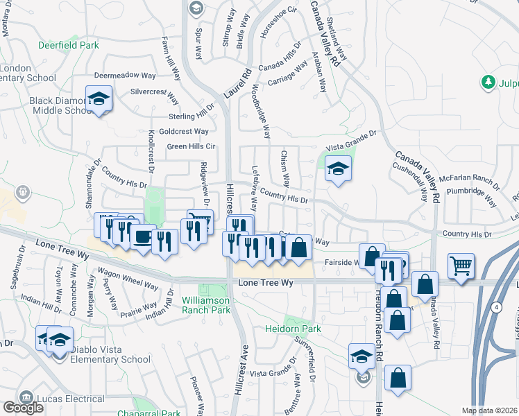 map of restaurants, bars, coffee shops, grocery stores, and more near 4933 Lefebvre Way in Antioch