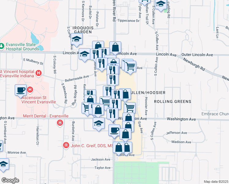 map of restaurants, bars, coffee shops, grocery stores, and more near 1399 Washington Square in Evansville