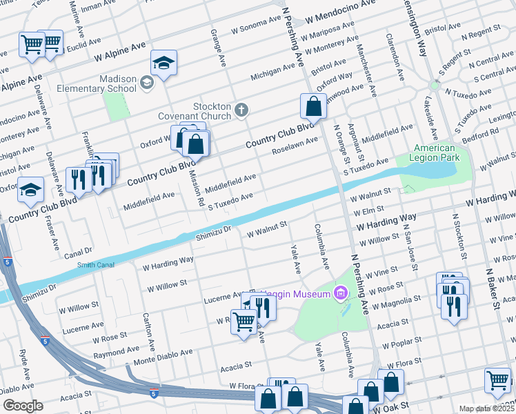 map of restaurants, bars, coffee shops, grocery stores, and more near 1722 South Tuxedo Avenue in Stockton