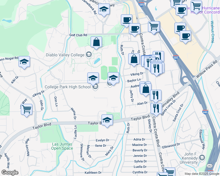 map of restaurants, bars, coffee shops, grocery stores, and more near 181 Viking Drive in Pleasant Hill