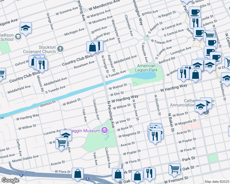 map of restaurants, bars, coffee shops, grocery stores, and more near 1219 West Elm Street in Stockton