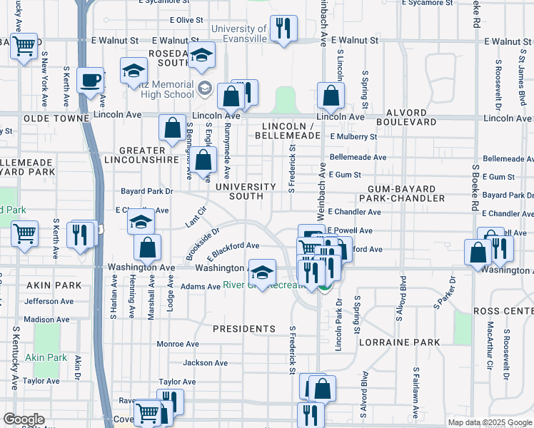 map of restaurants, bars, coffee shops, grocery stores, and more near 825 South Norman Avenue in Evansville