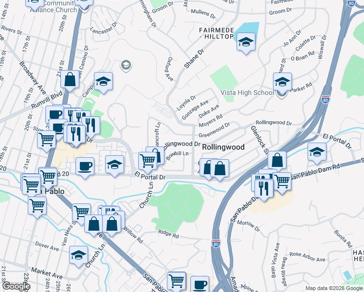 map of restaurants, bars, coffee shops, grocery stores, and more near 2771 Bowhill Lane in San Pablo