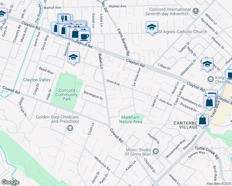 map of restaurants, bars, coffee shops, grocery stores, and more near 1346 Babel Lane in Concord
