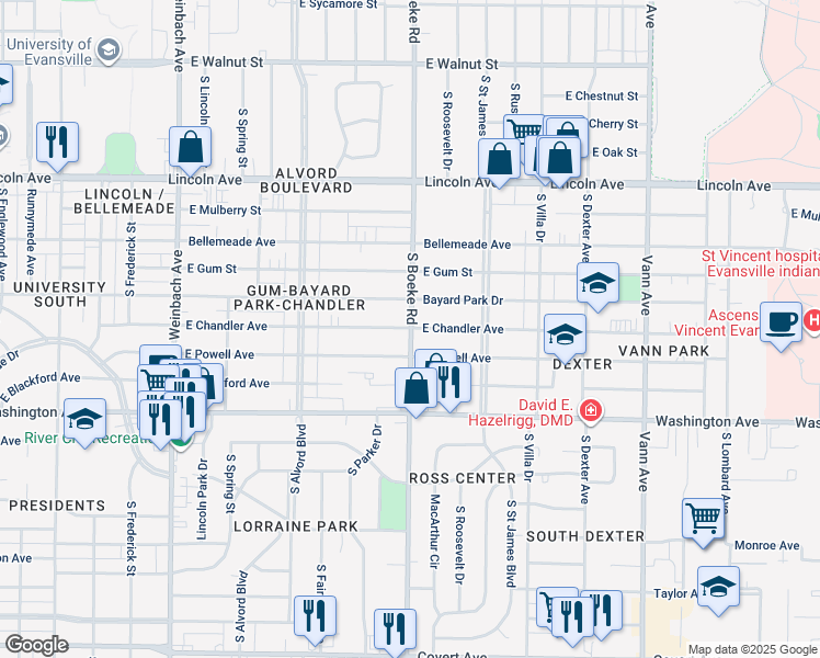 map of restaurants, bars, coffee shops, grocery stores, and more near 2399 East Chandler Avenue in Evansville