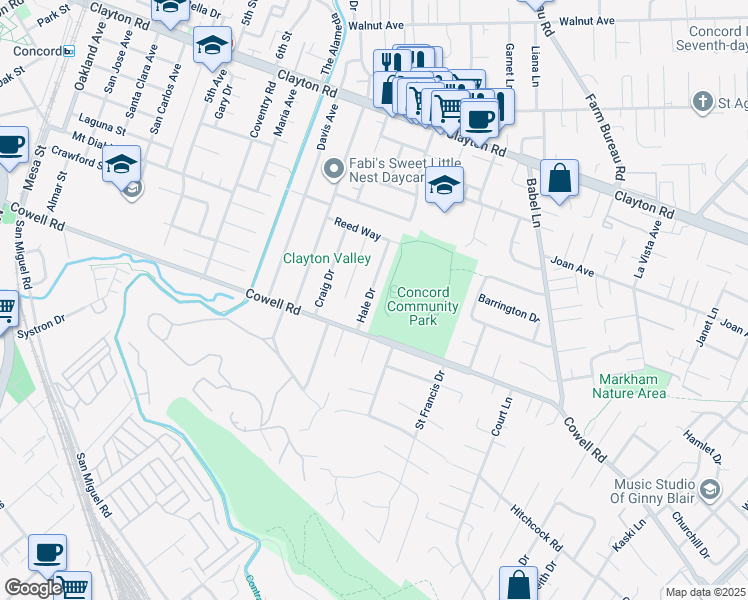 map of restaurants, bars, coffee shops, grocery stores, and more near 1230 Hale Drive in Concord