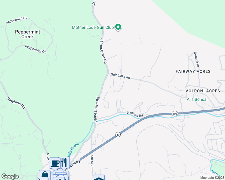 map of restaurants, bars, coffee shops, grocery stores, and more near 18870 Old Bridge Road in Jamestown