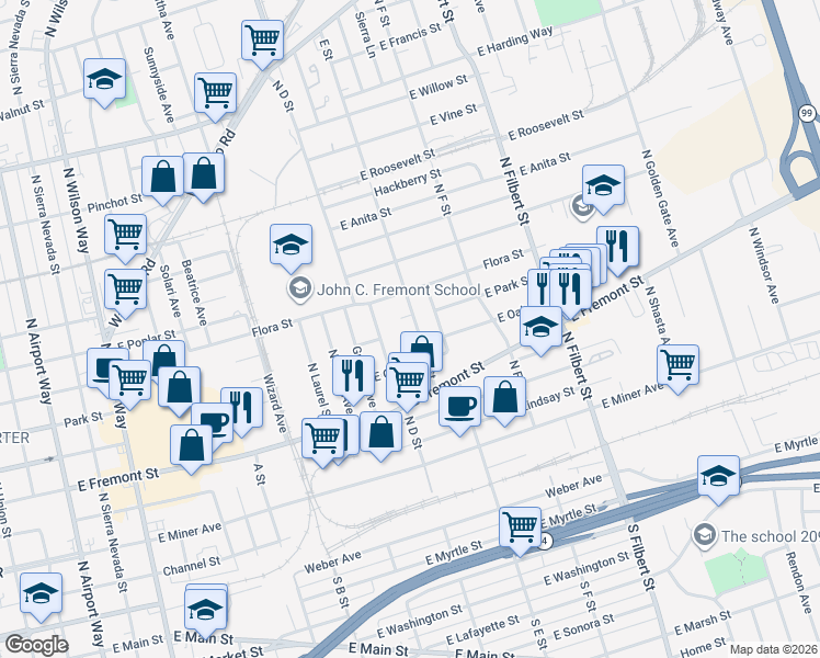 map of restaurants, bars, coffee shops, grocery stores, and more near 616 E Street in Stockton