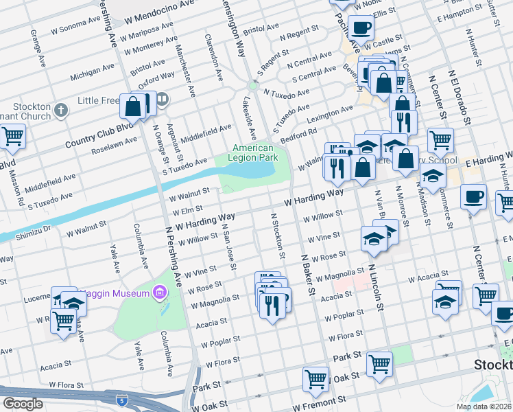 map of restaurants, bars, coffee shops, grocery stores, and more near 946 West Harding Way in Stockton