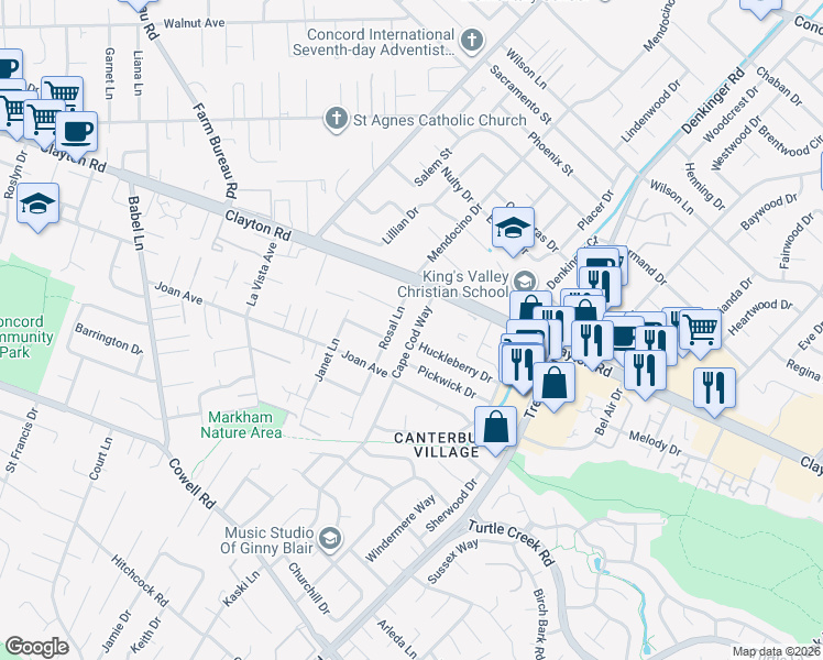 map of restaurants, bars, coffee shops, grocery stores, and more near 1448 Cape Cod Way in Concord