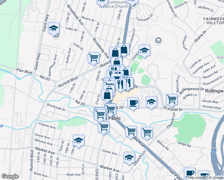 map of restaurants, bars, coffee shops, grocery stores, and more near 14330 Laurie Lane in San Pablo