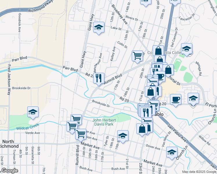 map of restaurants, bars, coffee shops, grocery stores, and more near 1341 Road 20 in San Pablo
