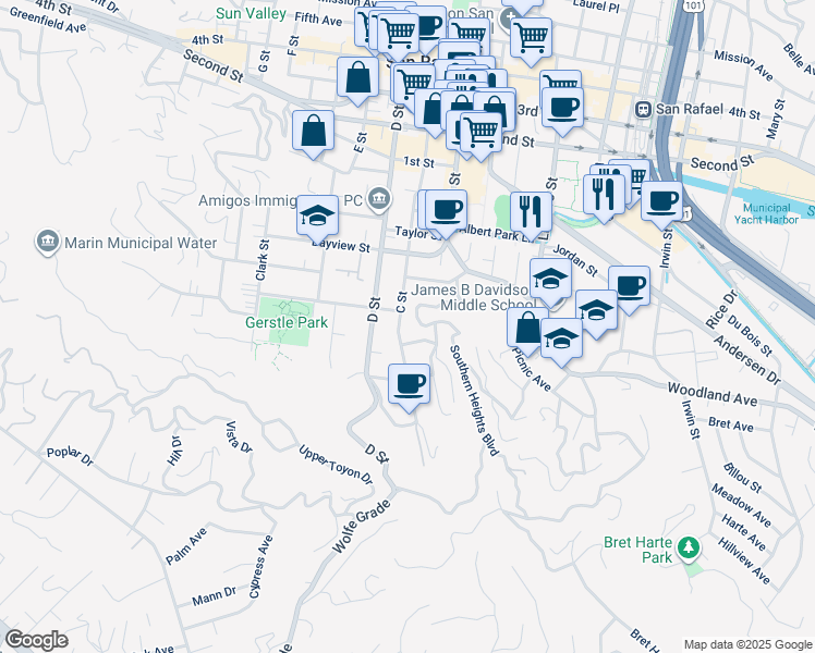 map of restaurants, bars, coffee shops, grocery stores, and more near 238 C Street in San Rafael