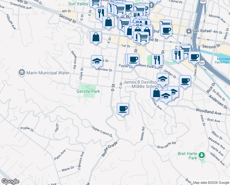 map of restaurants, bars, coffee shops, grocery stores, and more near 239 D Street in San Rafael